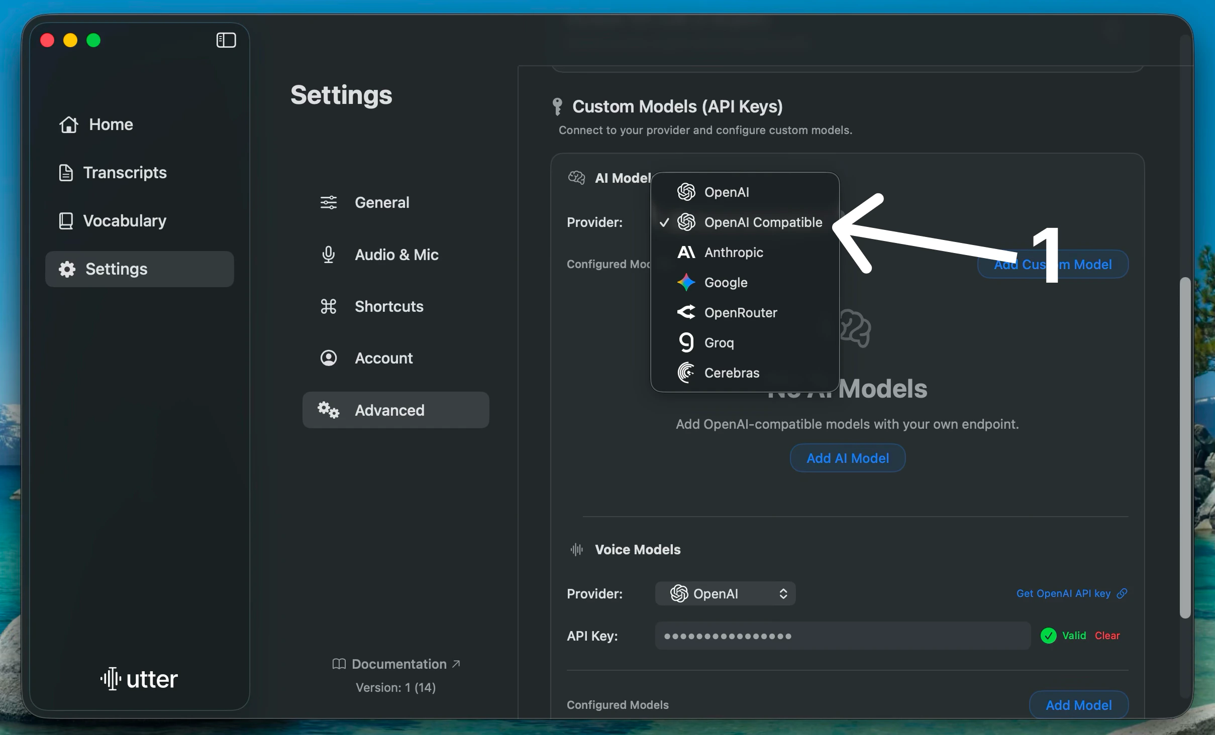 Utter custom model provider set to OpenAI compatible