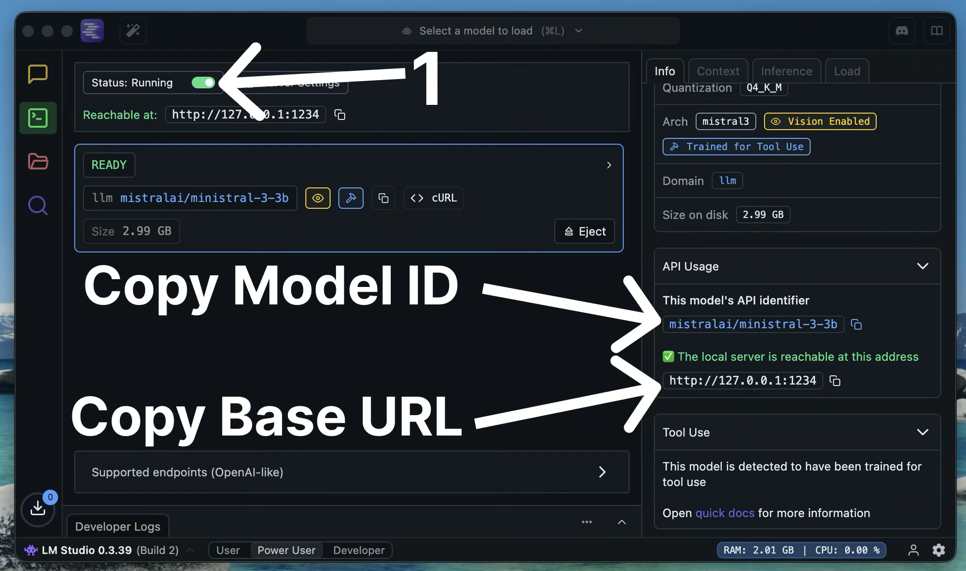 LM Studio server enabled with model ID and base URL