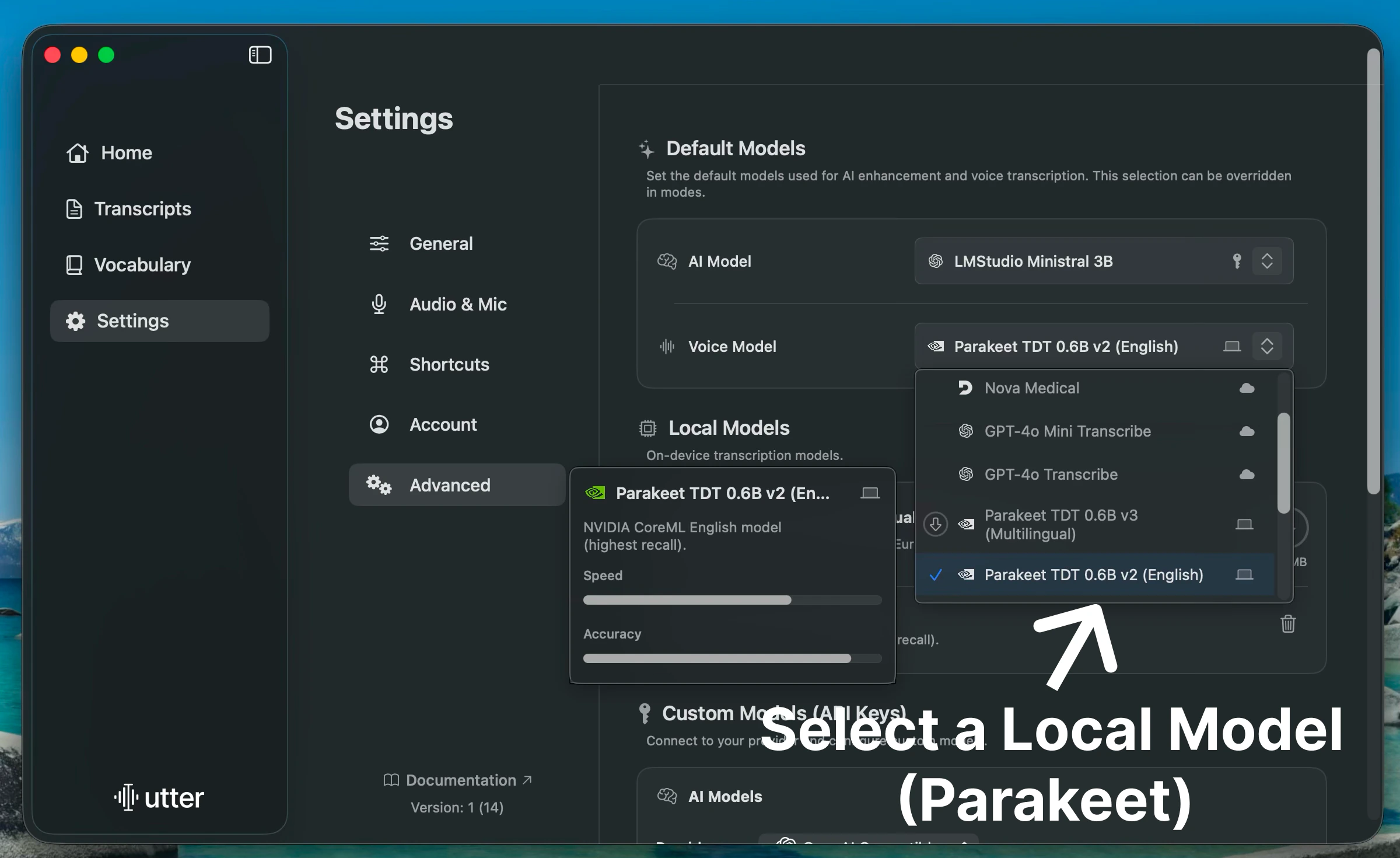 Select a Parakeet local voice model in Utter advanced settings