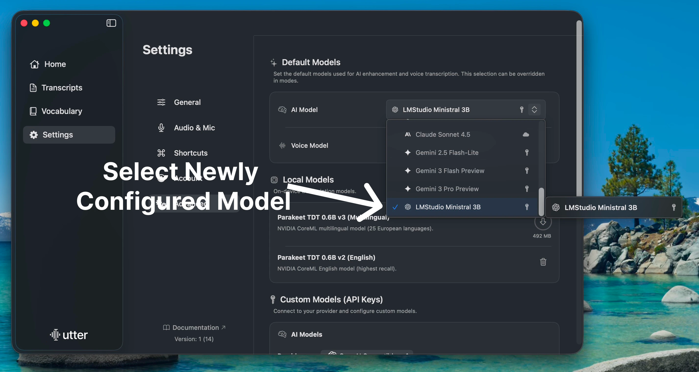 Set the LM Studio model as the default AI model in Utter
