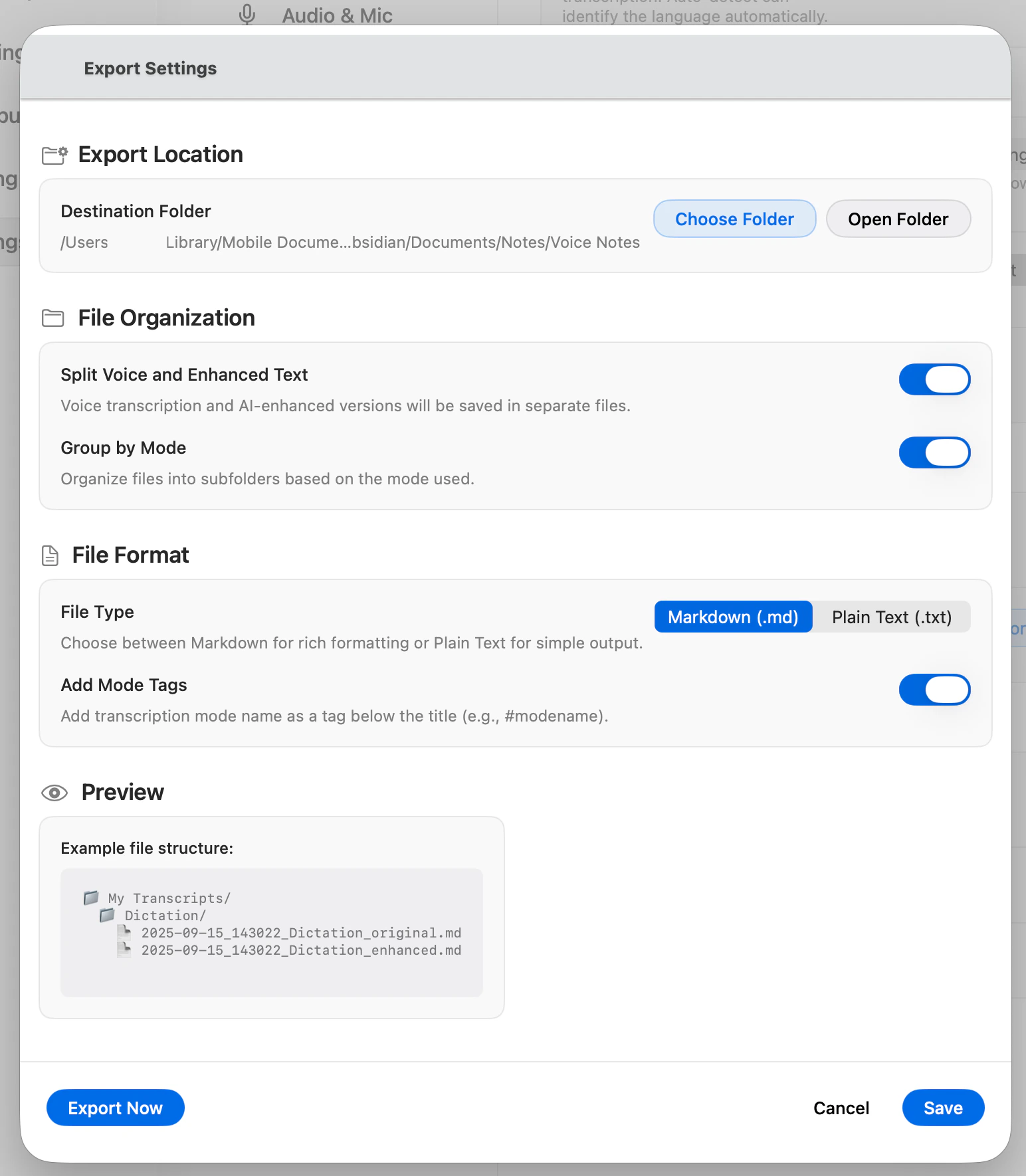 Utter export settings with destination folder, file organization, Markdown file type, mode tags, and preview options