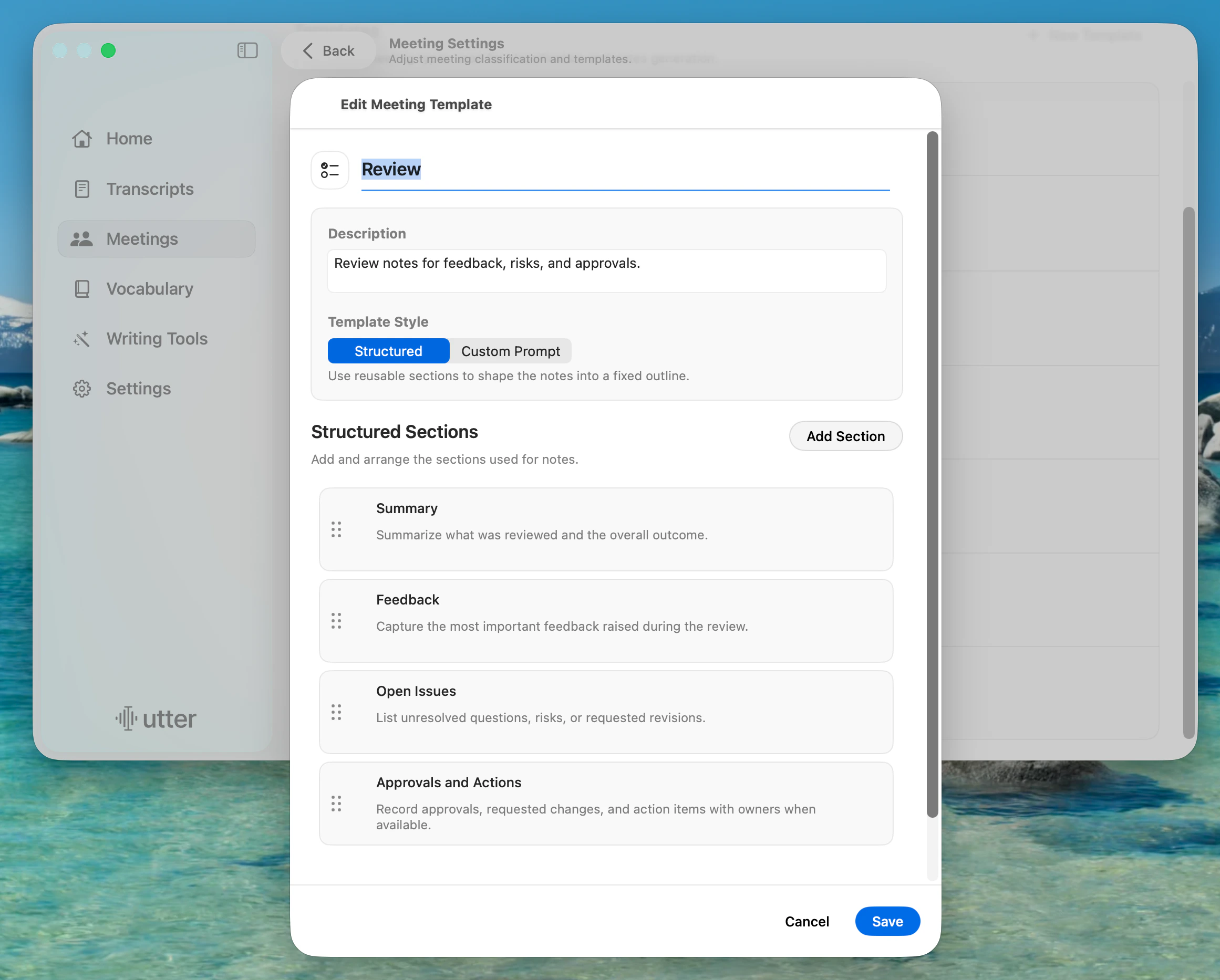 Edit Meeting Template dialog in Utter with structured sections for Summary, Feedback, Open Issues, and Approvals and Actions
