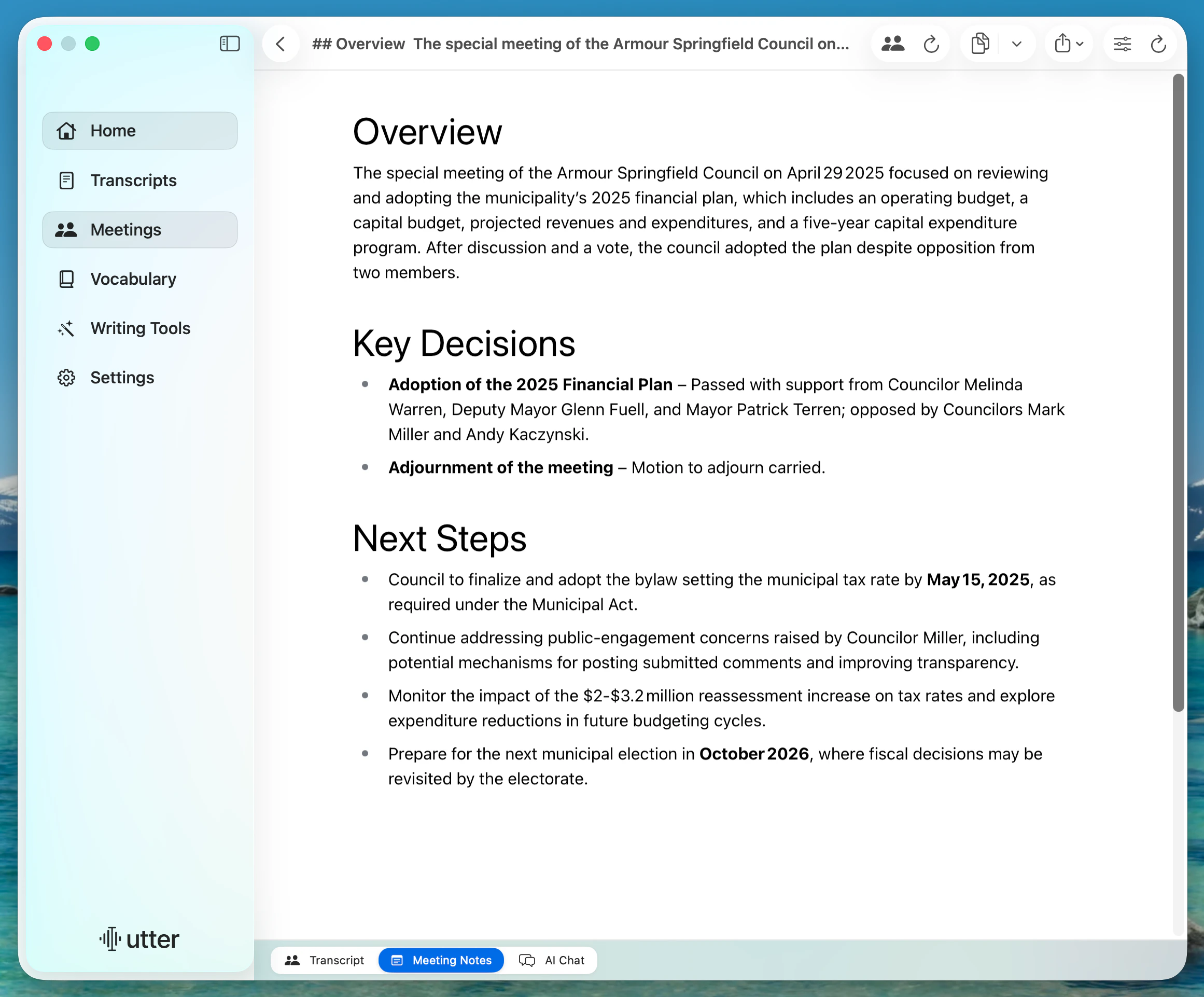 Generated meeting notes in Utter with an overview, key decisions, and next steps