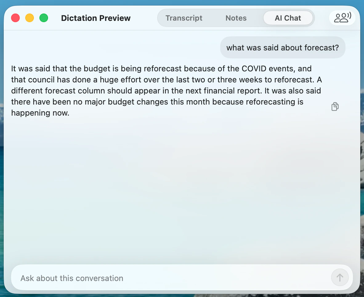 AI Chat answering a question about what was said in the meeting transcript