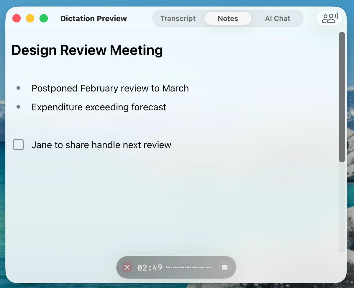 Meeting notes scratchpad in Utter with bullets and an action item