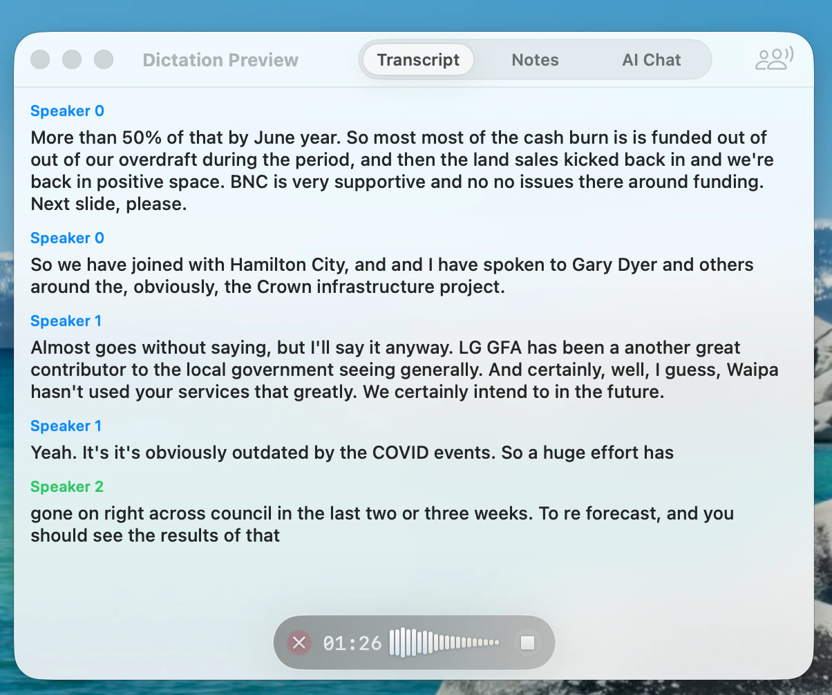 Live meeting transcript in Utter with speaker labels for each speaker