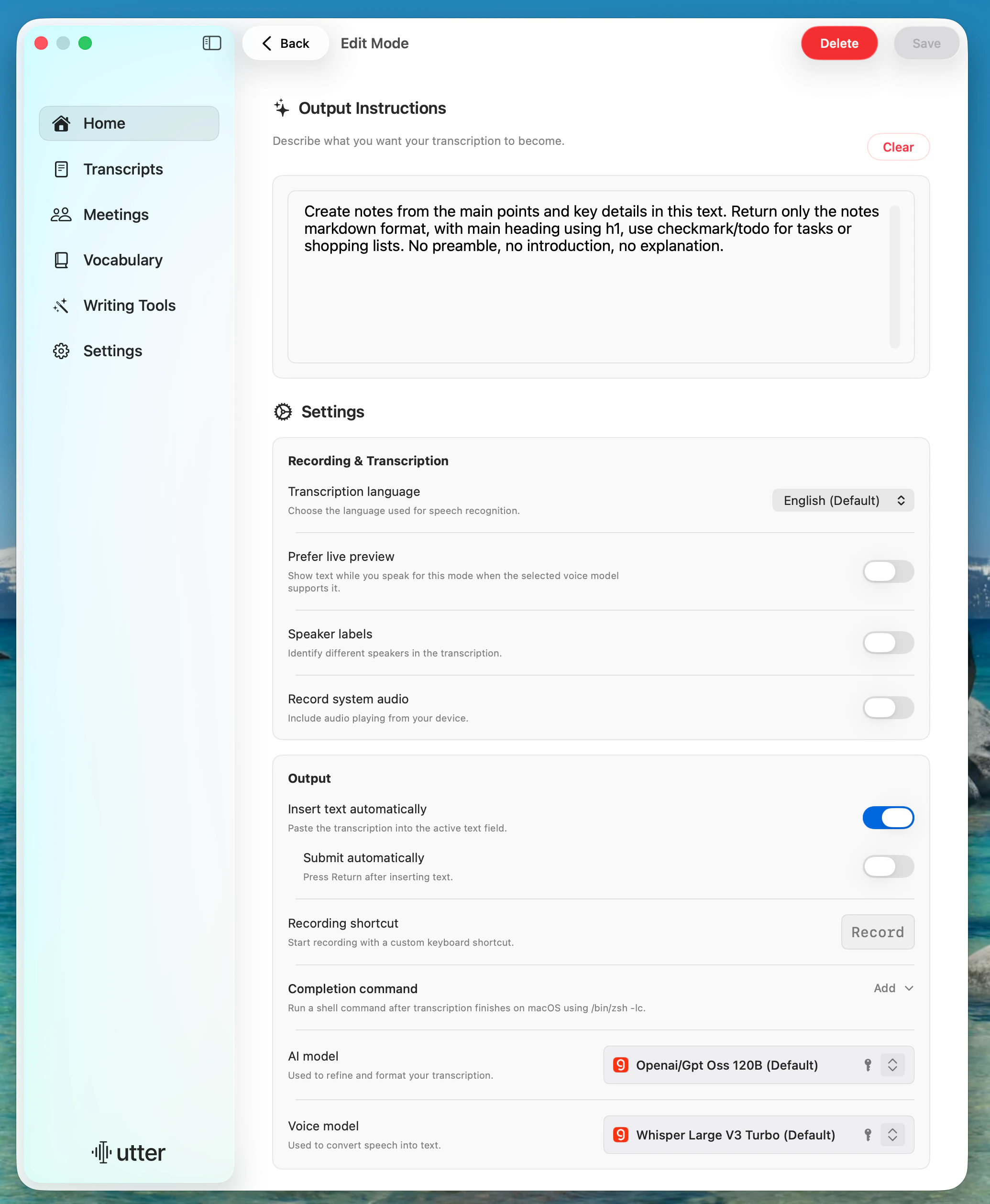 Utter mode editor with output instructions, recording settings, speaker labels, system audio, AI model, and voice model options