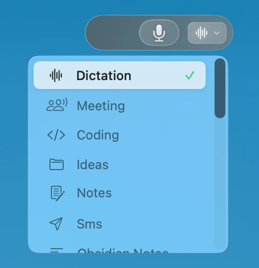 Utter mode picker showing Dictation, Meeting, Coding, Ideas, Notes, and Sms modes