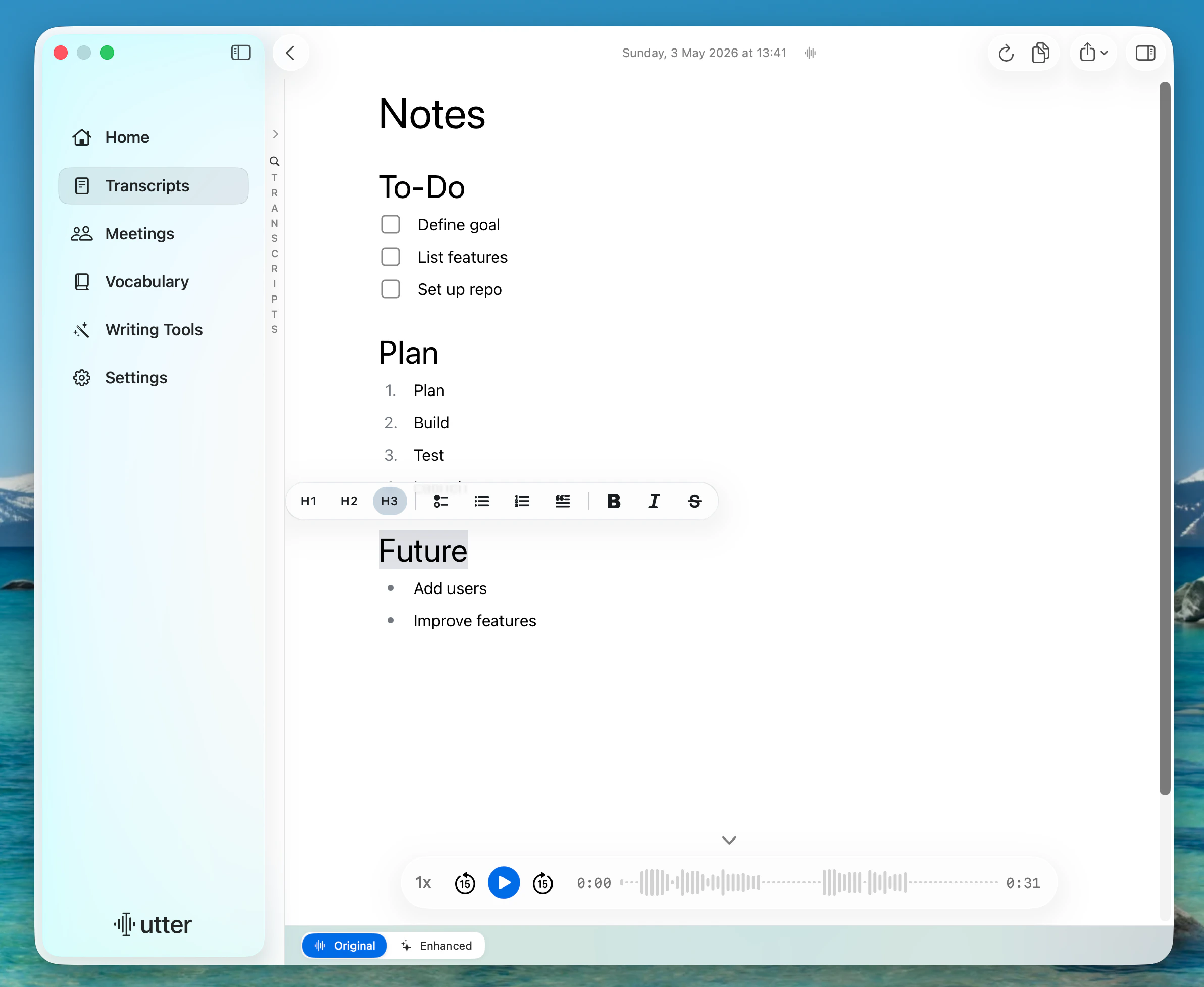 Utter note editor with the formatting toolbar open for headings, lists, quotes, bold, italic, and strikethrough