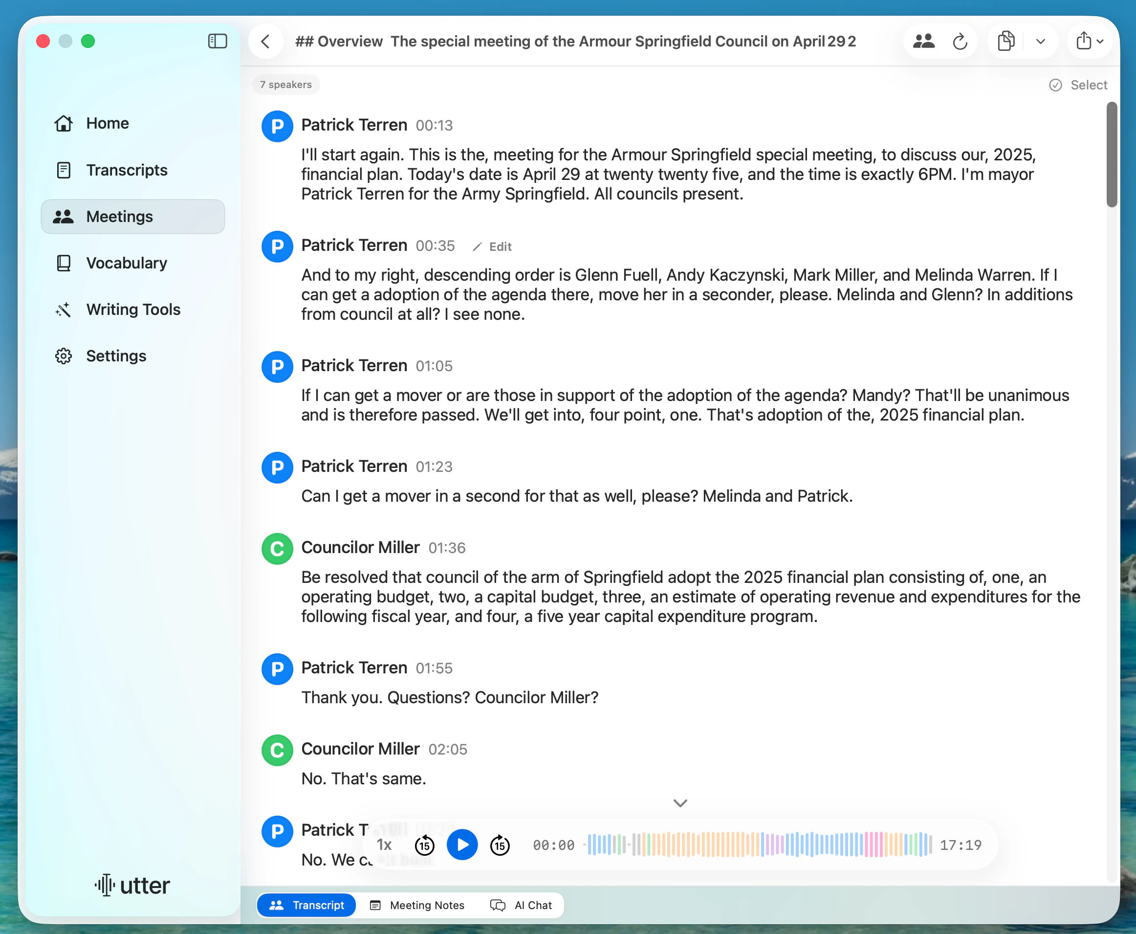 Utter meeting transcript with speaker labels, timestamps, and Transcript, Meeting Notes, and AI Chat tabs