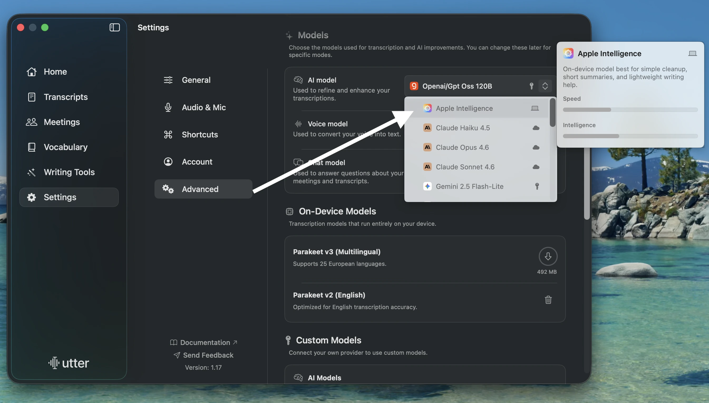 Apple Intelligence selected in the Utter AI model picker