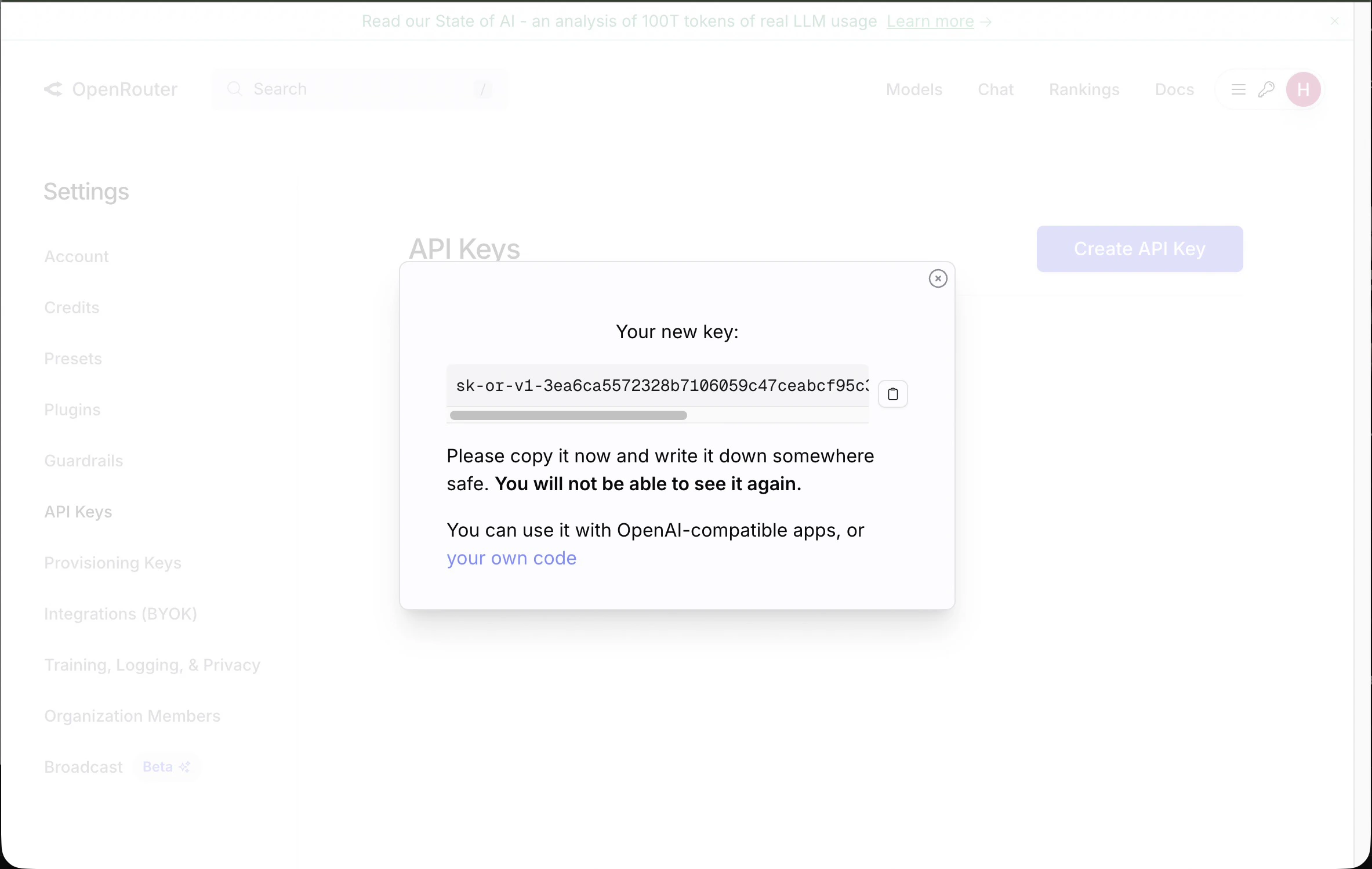 Copy OpenRouter API key