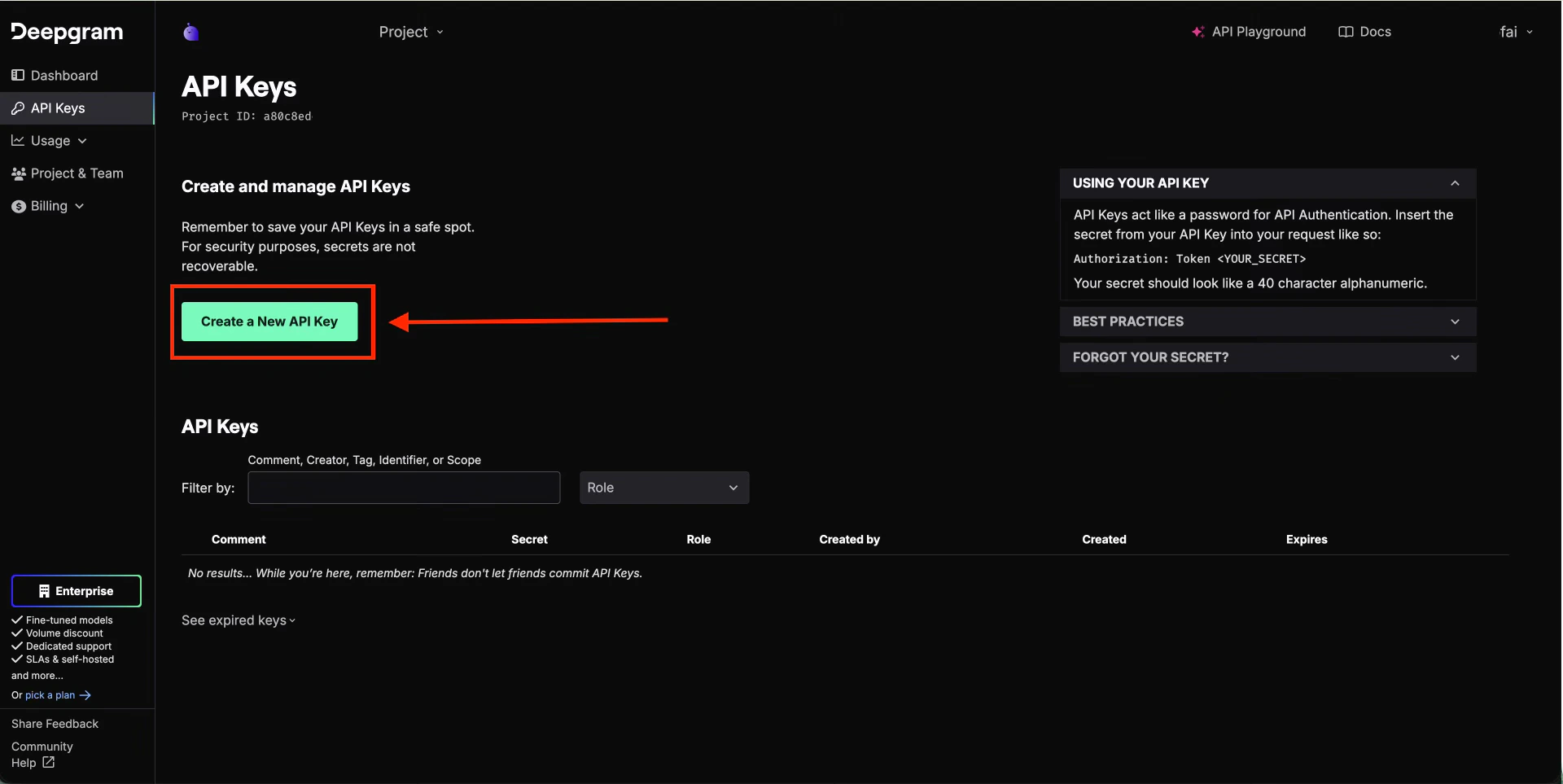 Create API Key button in Deepgram