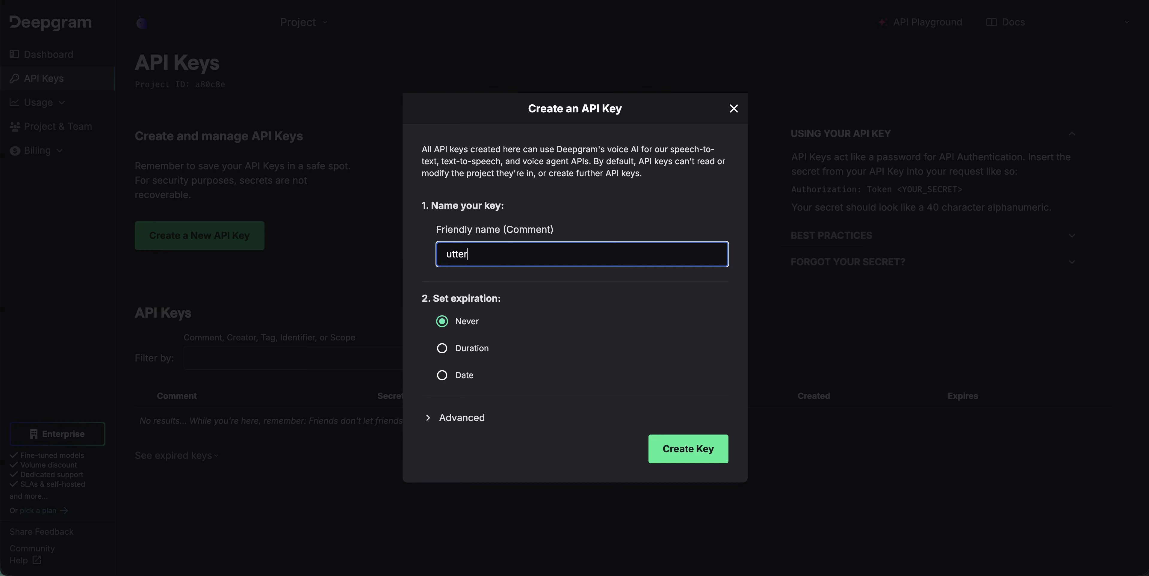 Enter name for API key
