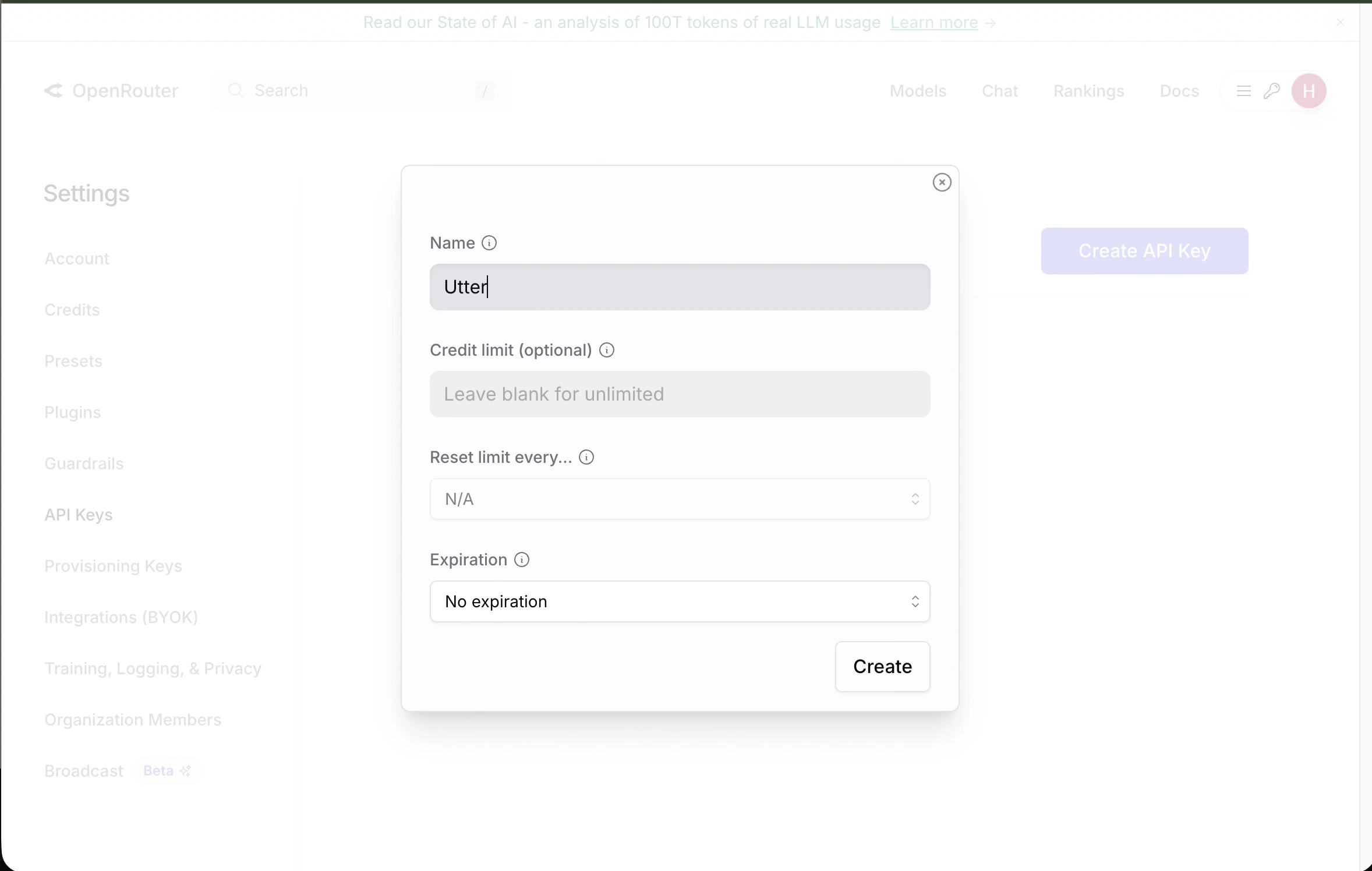 Enter name for OpenRouter API key