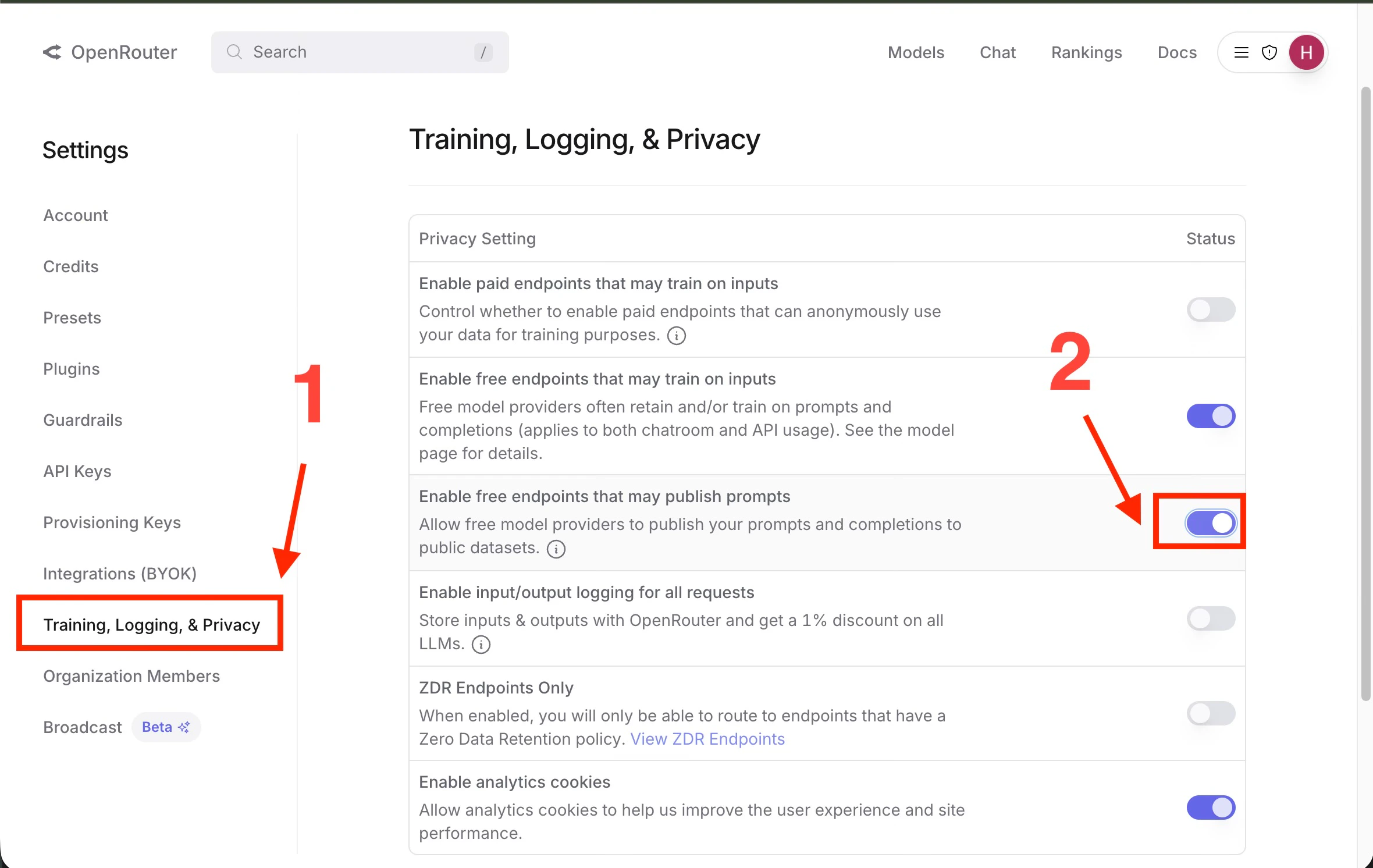 Enable free models in OpenRouter