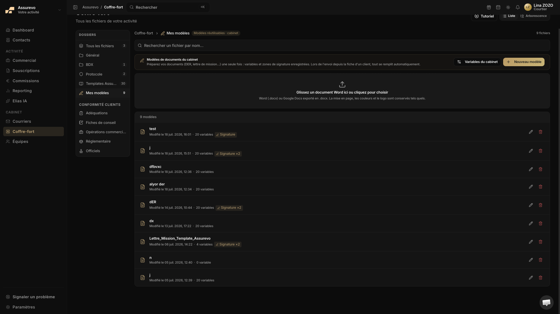 Coffre-fort : dossiers, modèles réutilisables et dépôt de documents Word