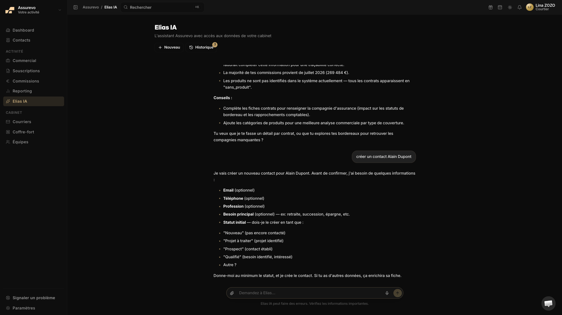 Elias IA : analyse des commissions et création d'un contact à la voix