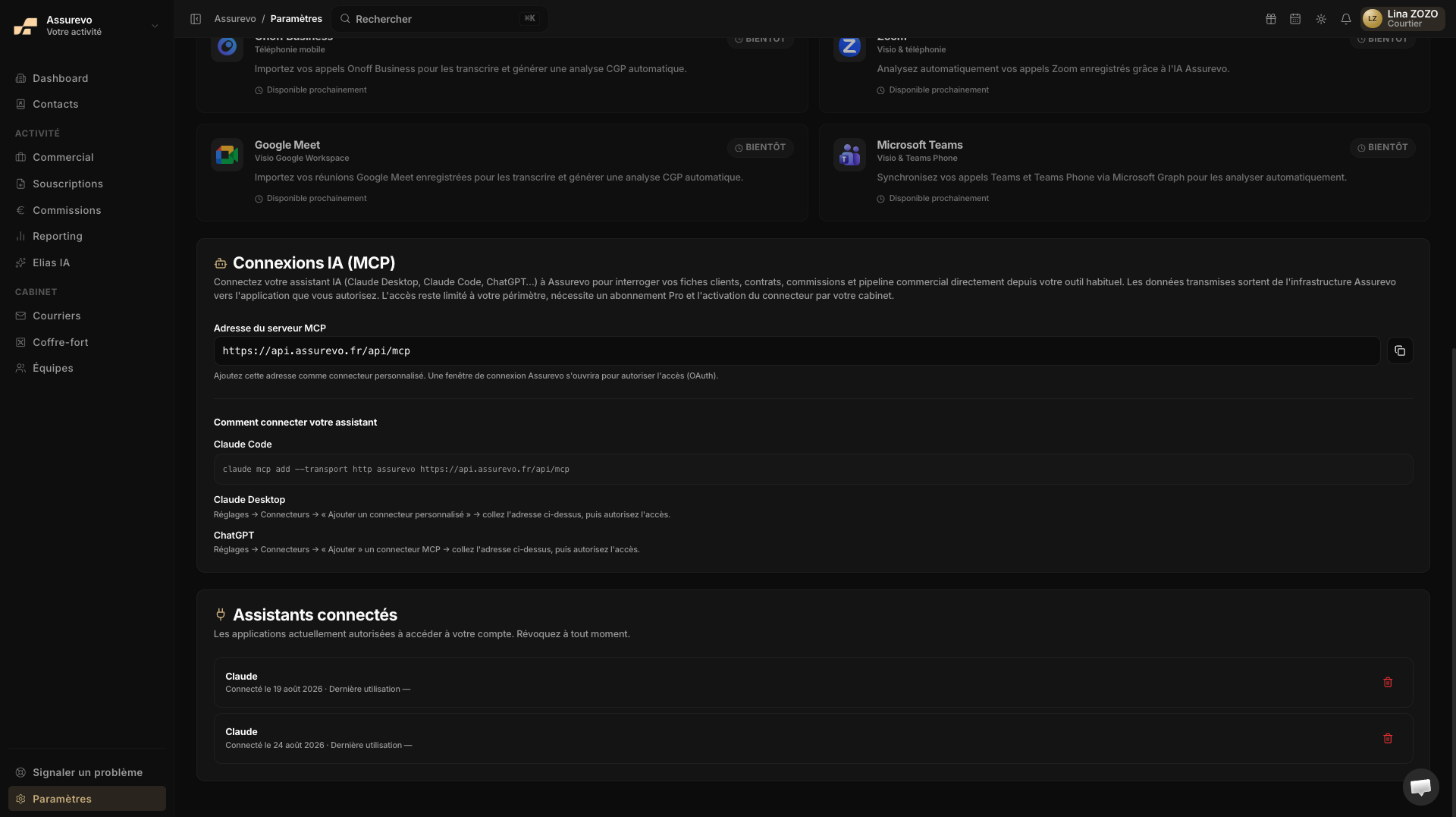 Connexions IA (MCP) : adresse du serveur, assistants connectés et révocation