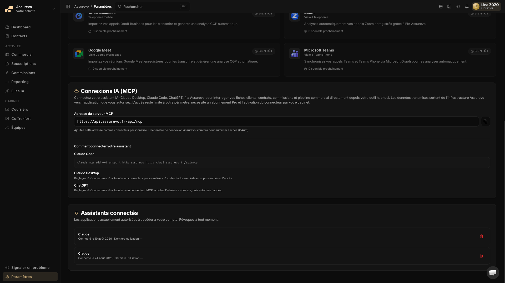 Connexions IA (MCP) : adresse du serveur, assistants connectés et révocation
