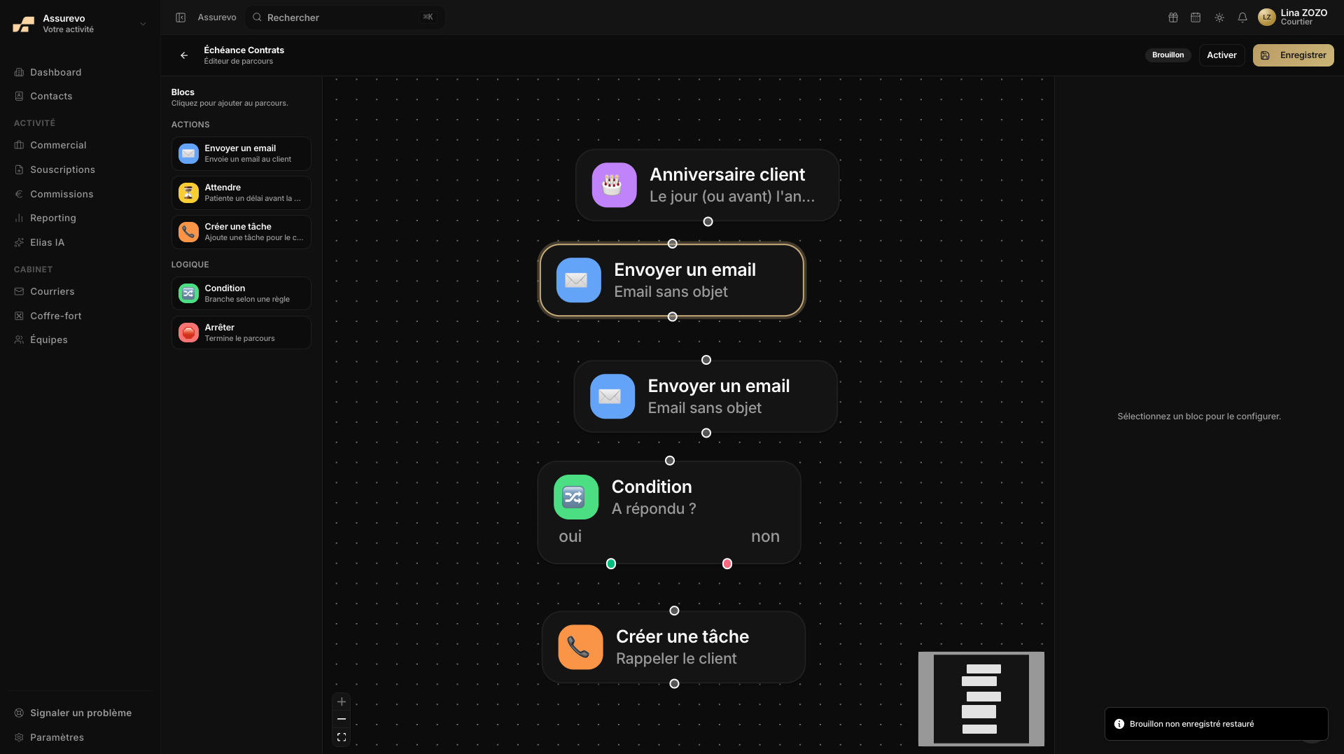 Éditeur de parcours : déclencheur, emails, conditions et tâches en canvas visuel