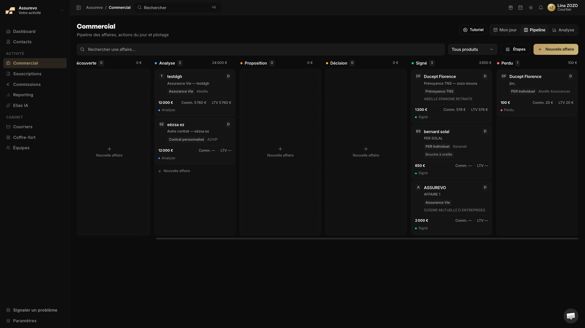 Pipeline commercial en vue Kanban : étapes, montants et commissions