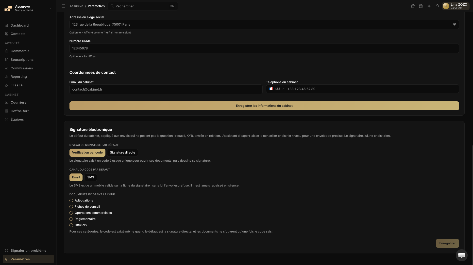 Paramètres de signature : vérification par code, canal Email/SMS et documents exigeant le code