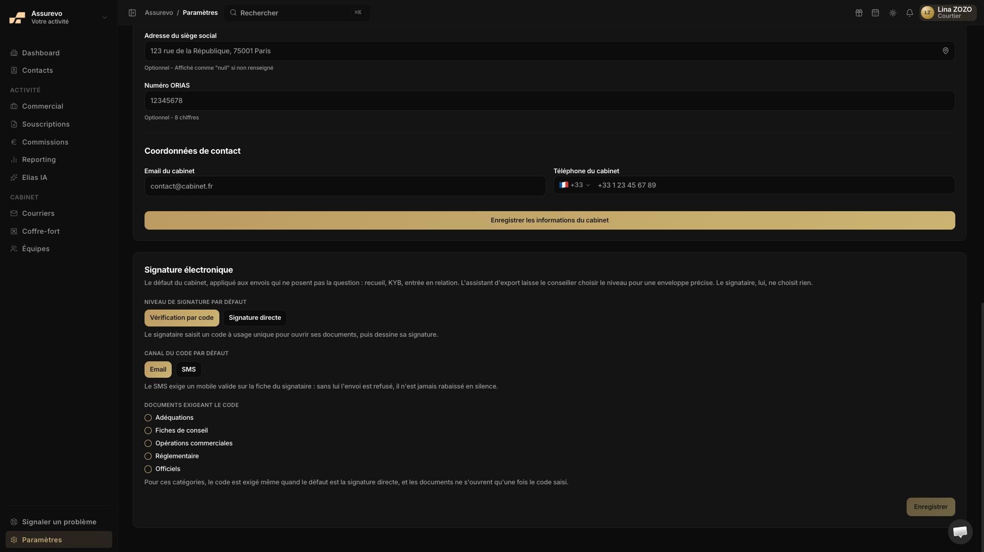 Paramètres de signature : vérification par code, canal Email/SMS et documents exigeant le code