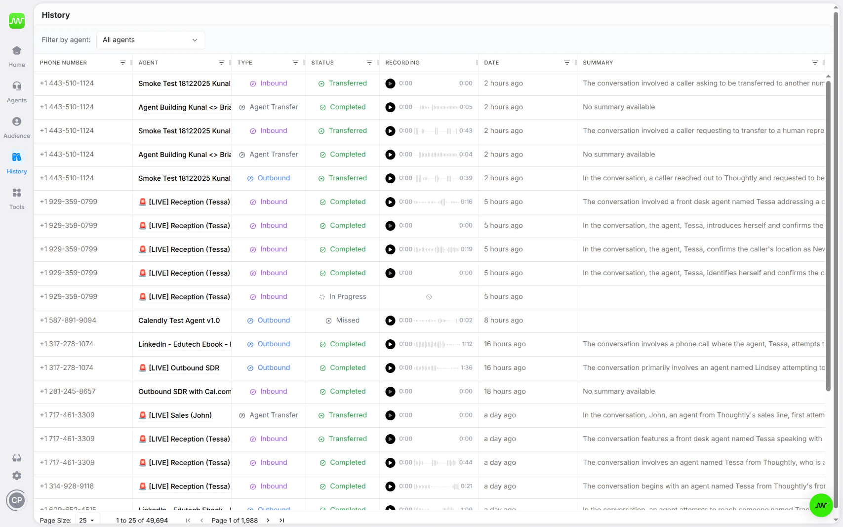 History page showing all interactions across agents