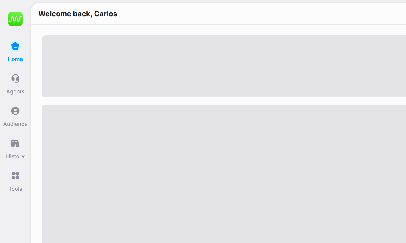 Thoughtly primary navigation with Home, Agent, Audiences, History, and Tools