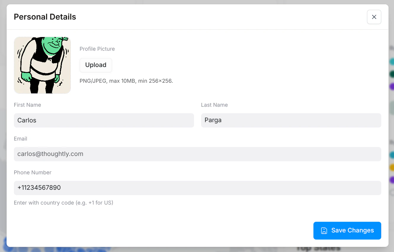 Profile modal with avatar, name, email, and phone number fields