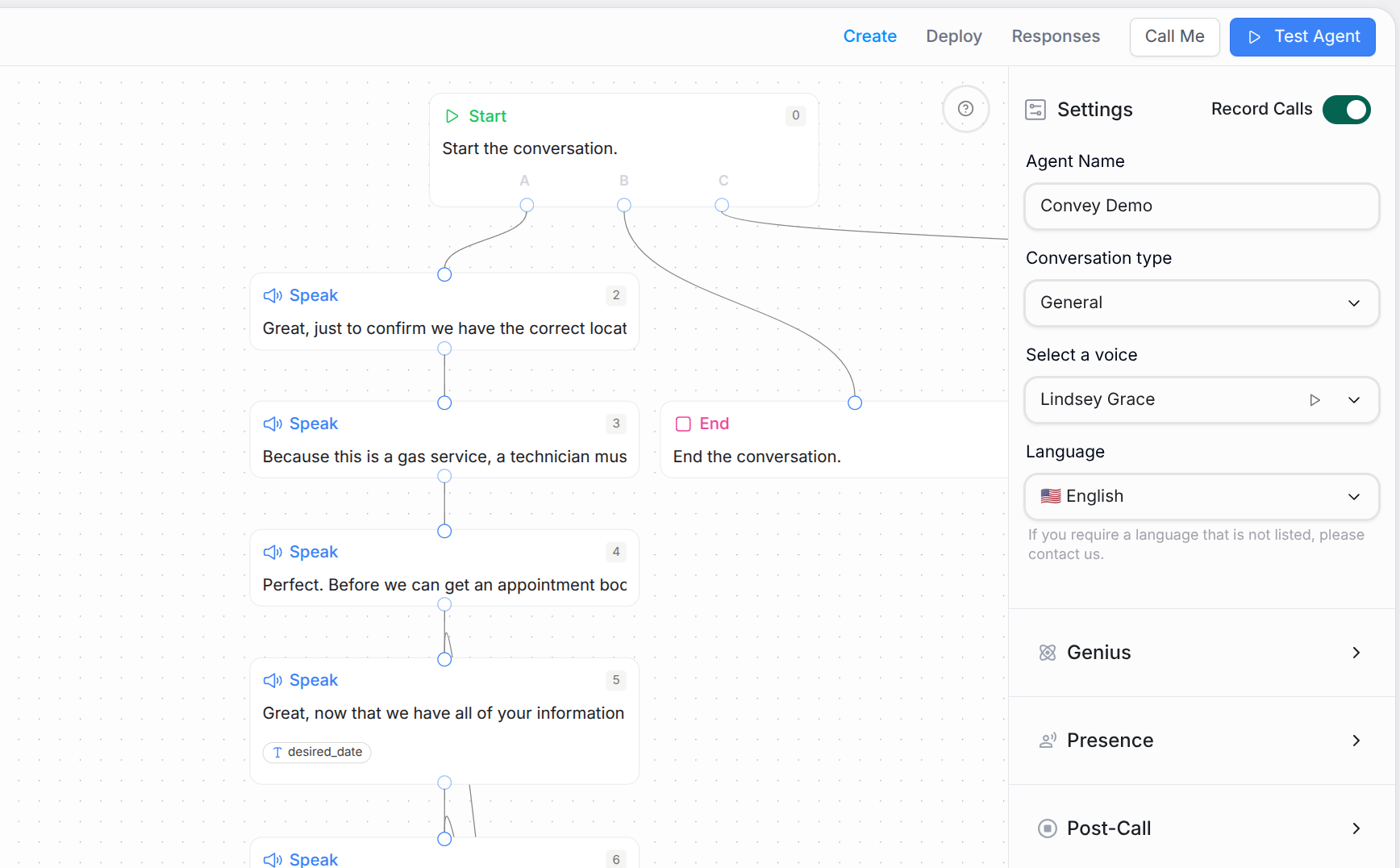 Speak node configuration panel