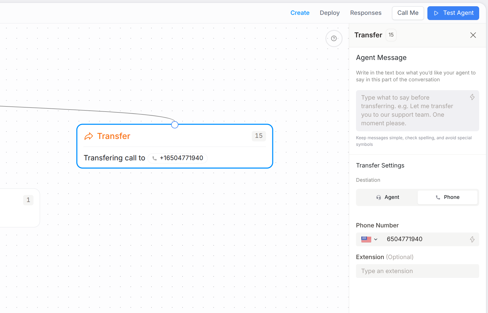 Transfer node configuration panel