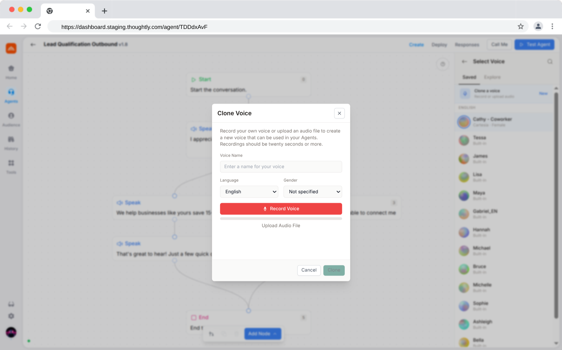 Clone Voice modal with name field, language/gender selectors, and record button