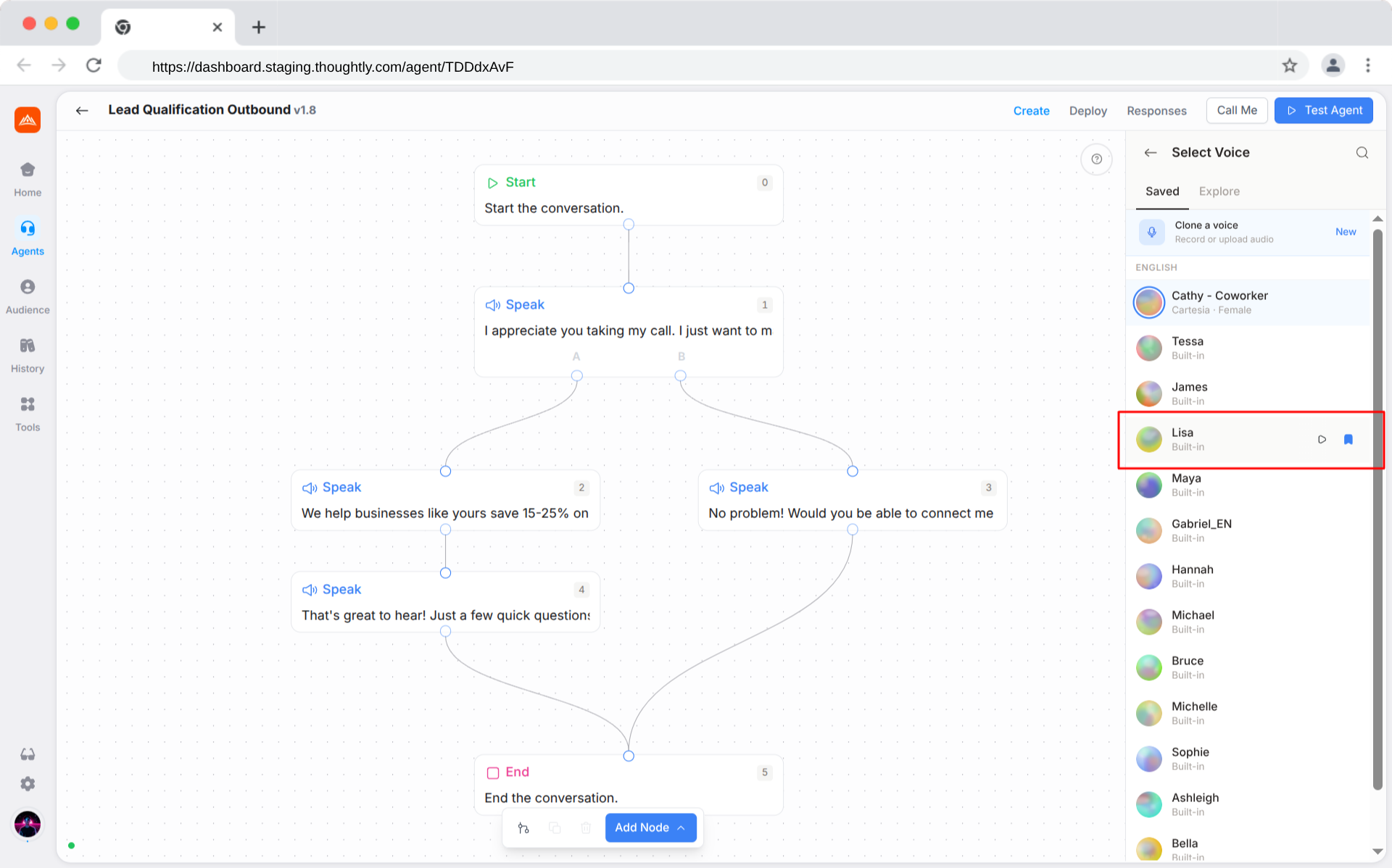 Voice row with Play and Bookmark action buttons visible on hover