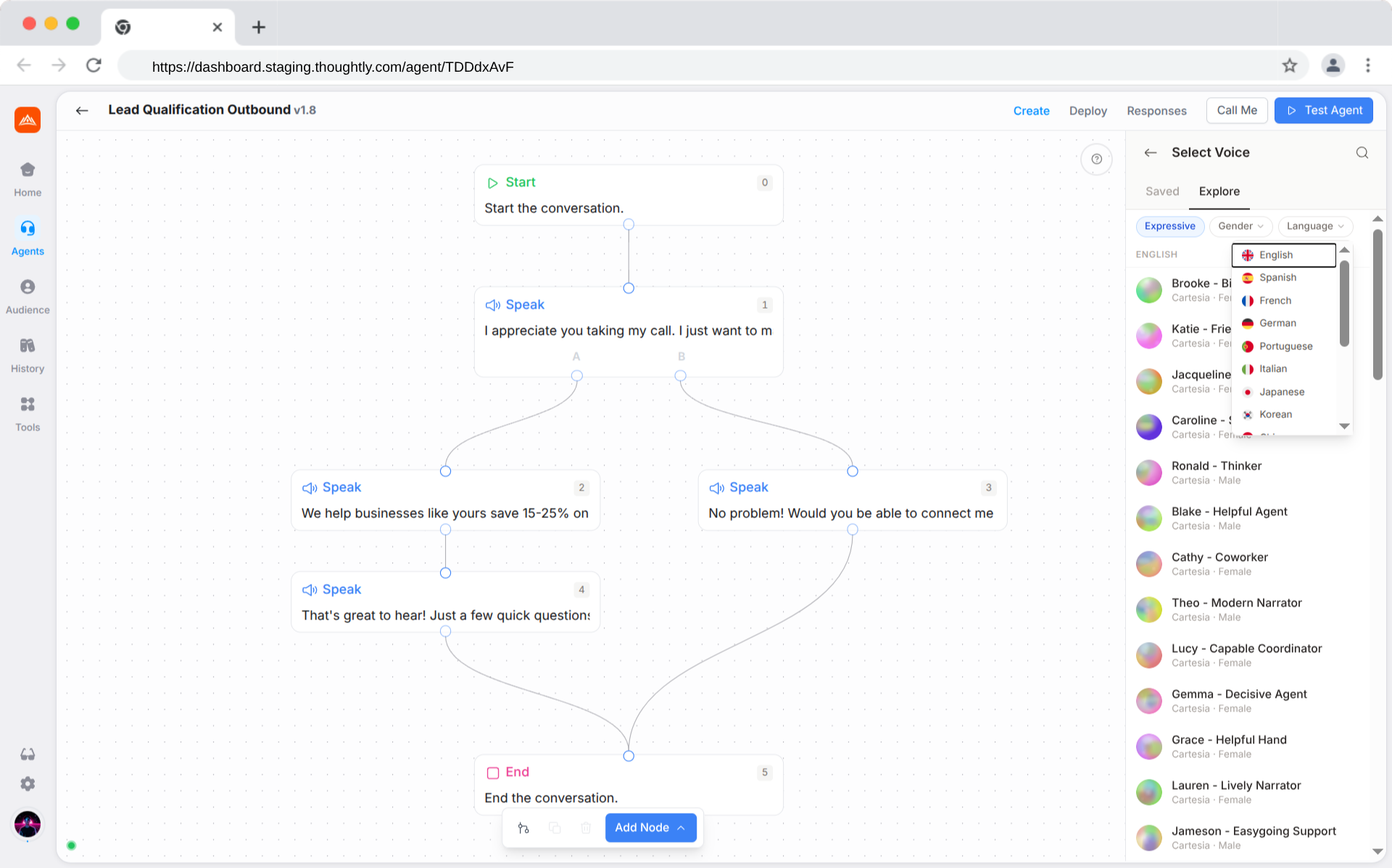 Explore tab showing filter chips and voice search results grouped by language