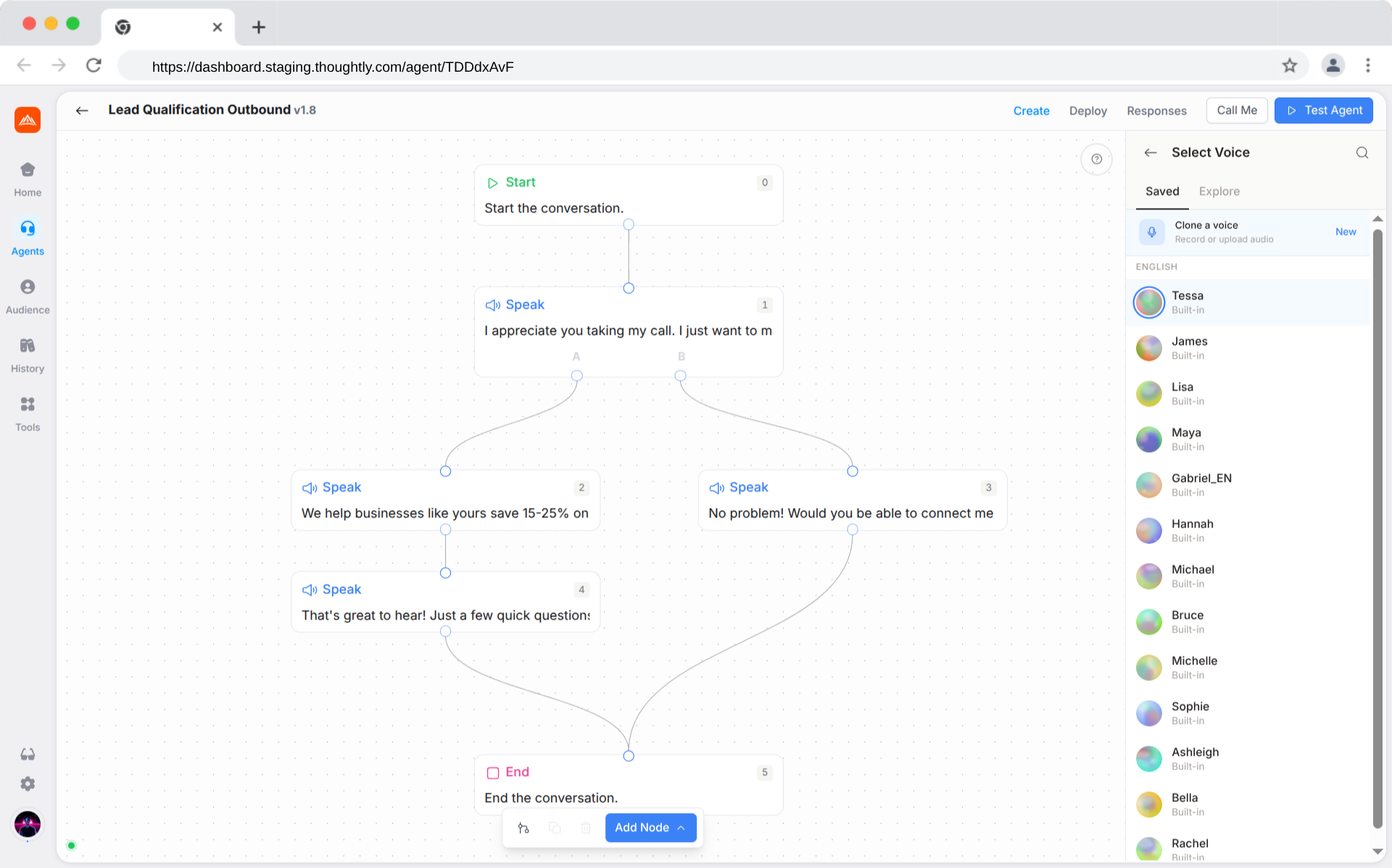 Voice Selector panel with Saved and Explore tabs in the Agent Builder sidebar