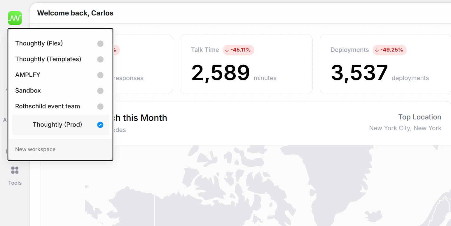 Workspace switcher popover showing workspace list and new workspace option