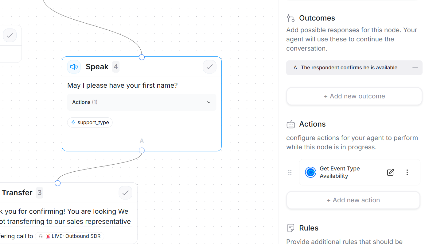 Actions panel in the Agent Builder