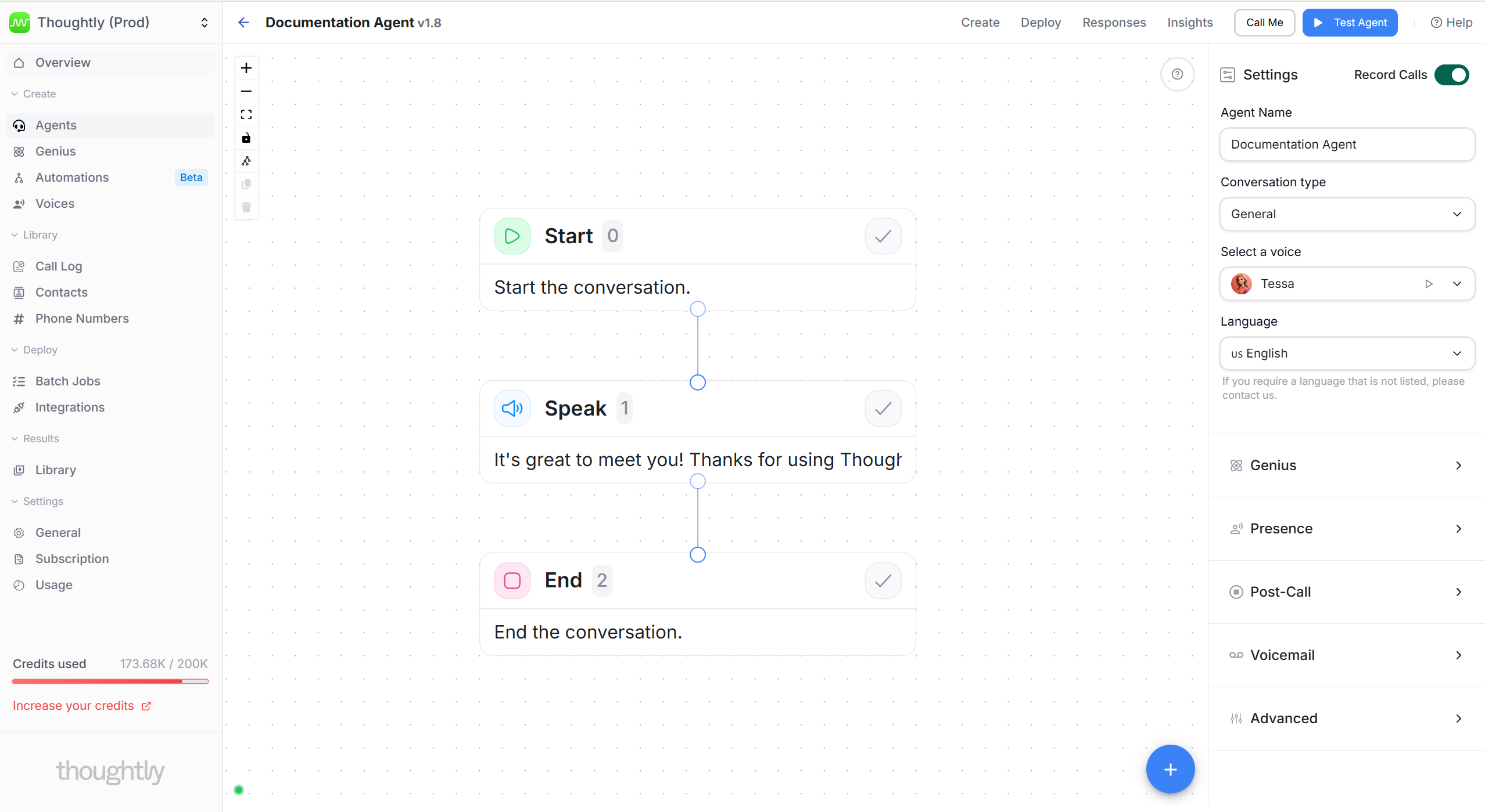 Thoughtly Agent Builder workspace