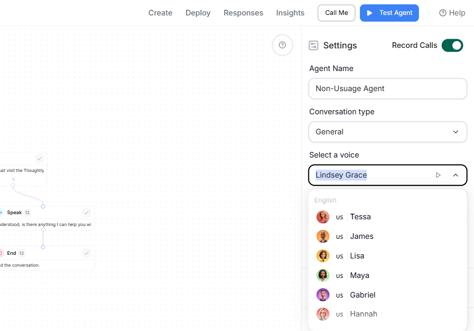 Agent Builder voice selection dropdown with saved voices