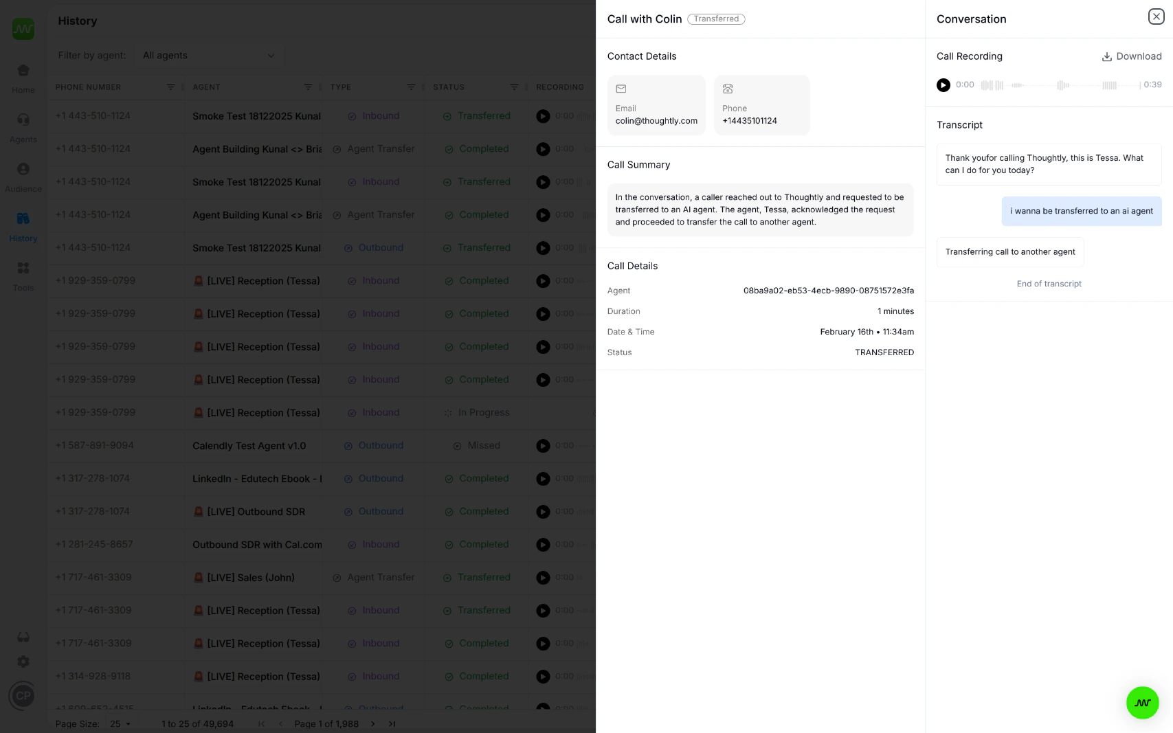 Detailed view of an individual call interaction