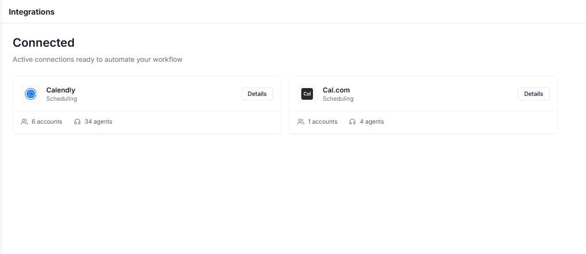 Integrations screen with Calendly and Cal.com connected
