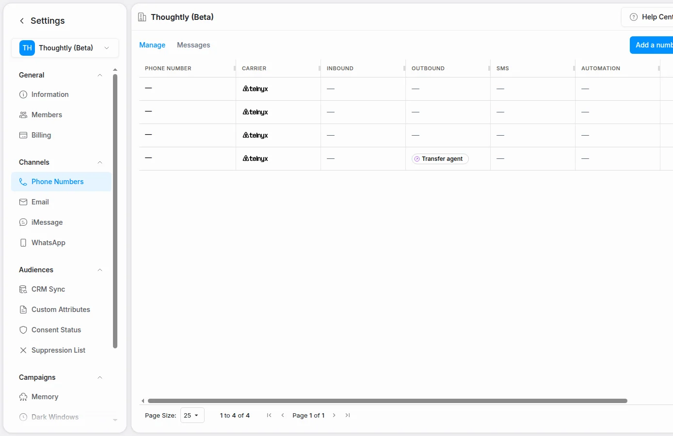 Thoughtly Phone Numbers settings page