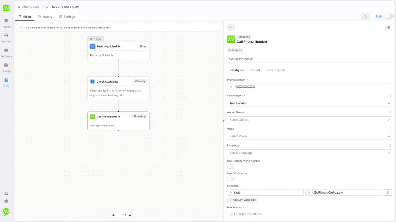 Pre-call automation flow that prefetches available times (Call Phone Number Node)