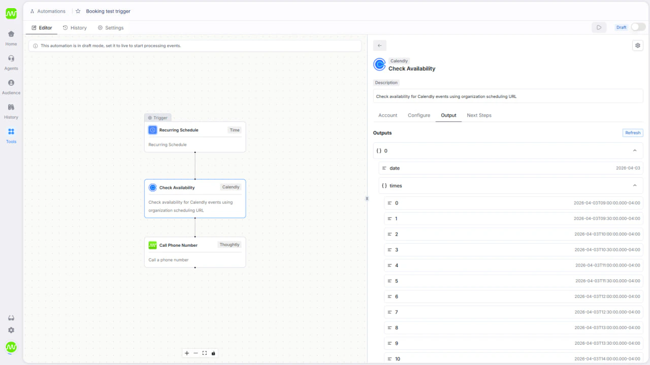 Pre-call automation flow that prefetches available times (Get Times Node)