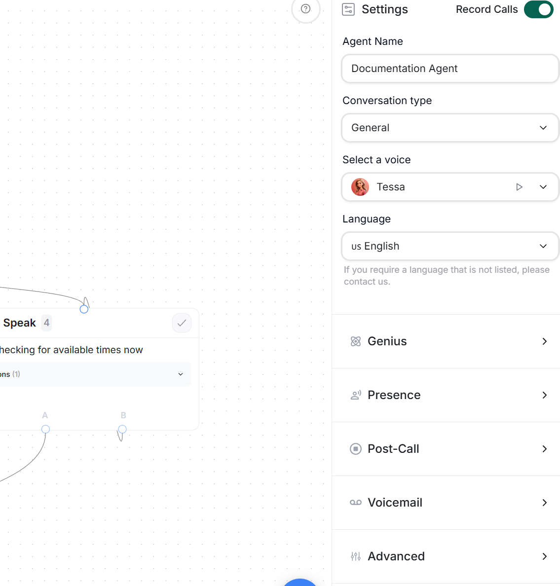 Main agent settings panel