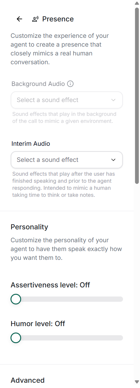Presence settings panel