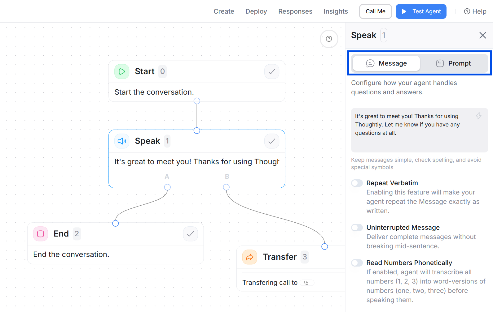 Speak node configuration panel
