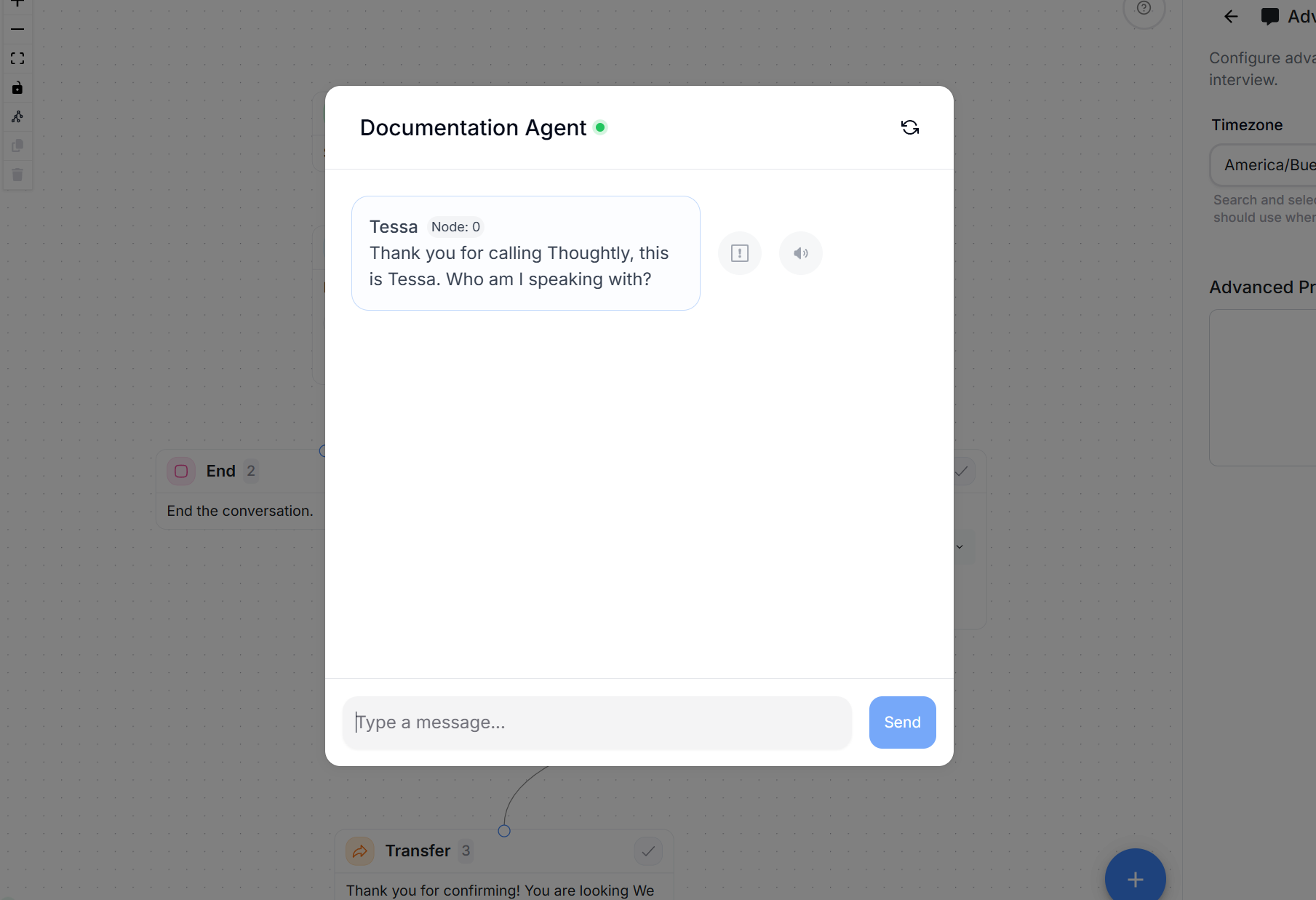 Test Agent text chat panel